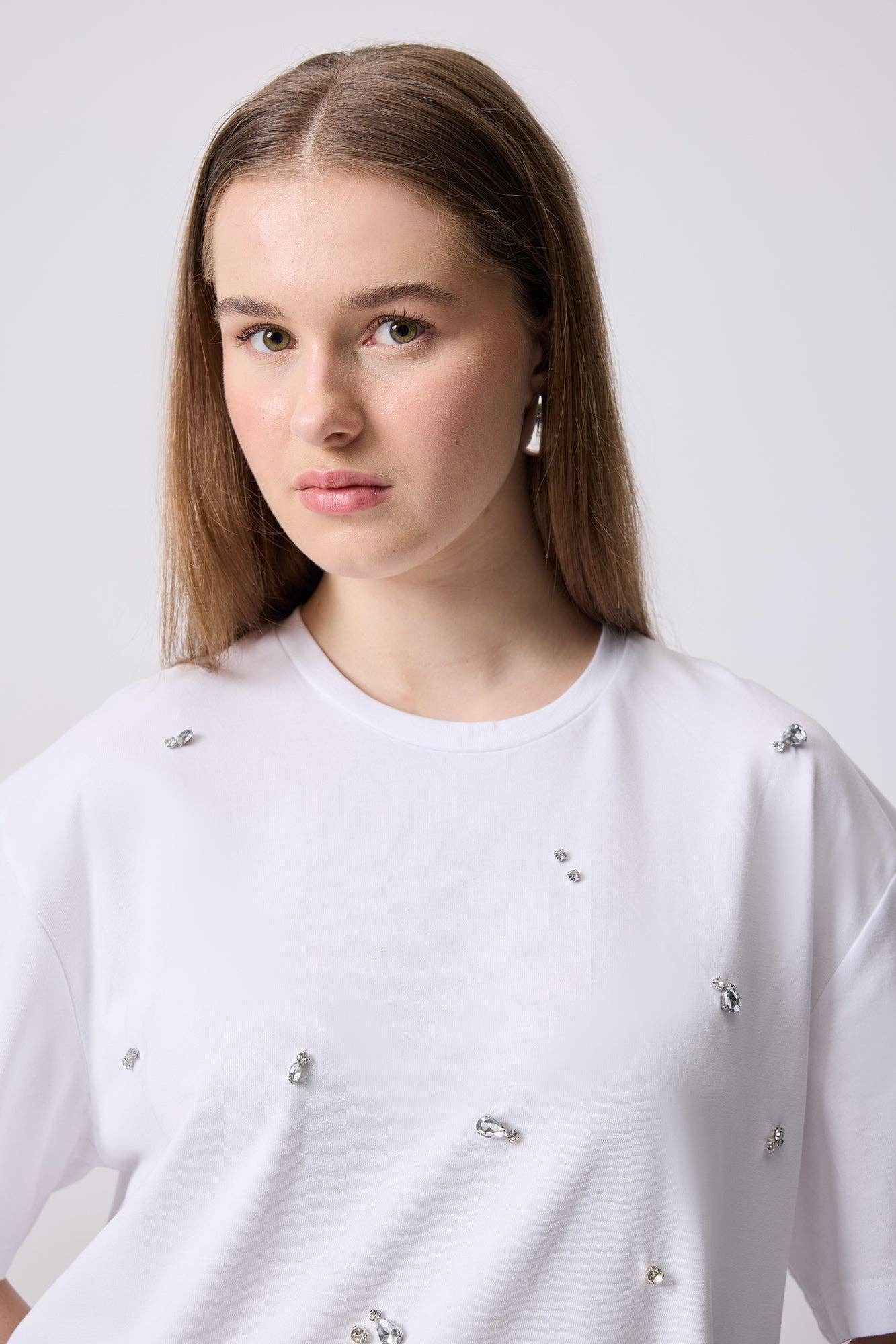 Jewelled Oversized Cotton Tee- White