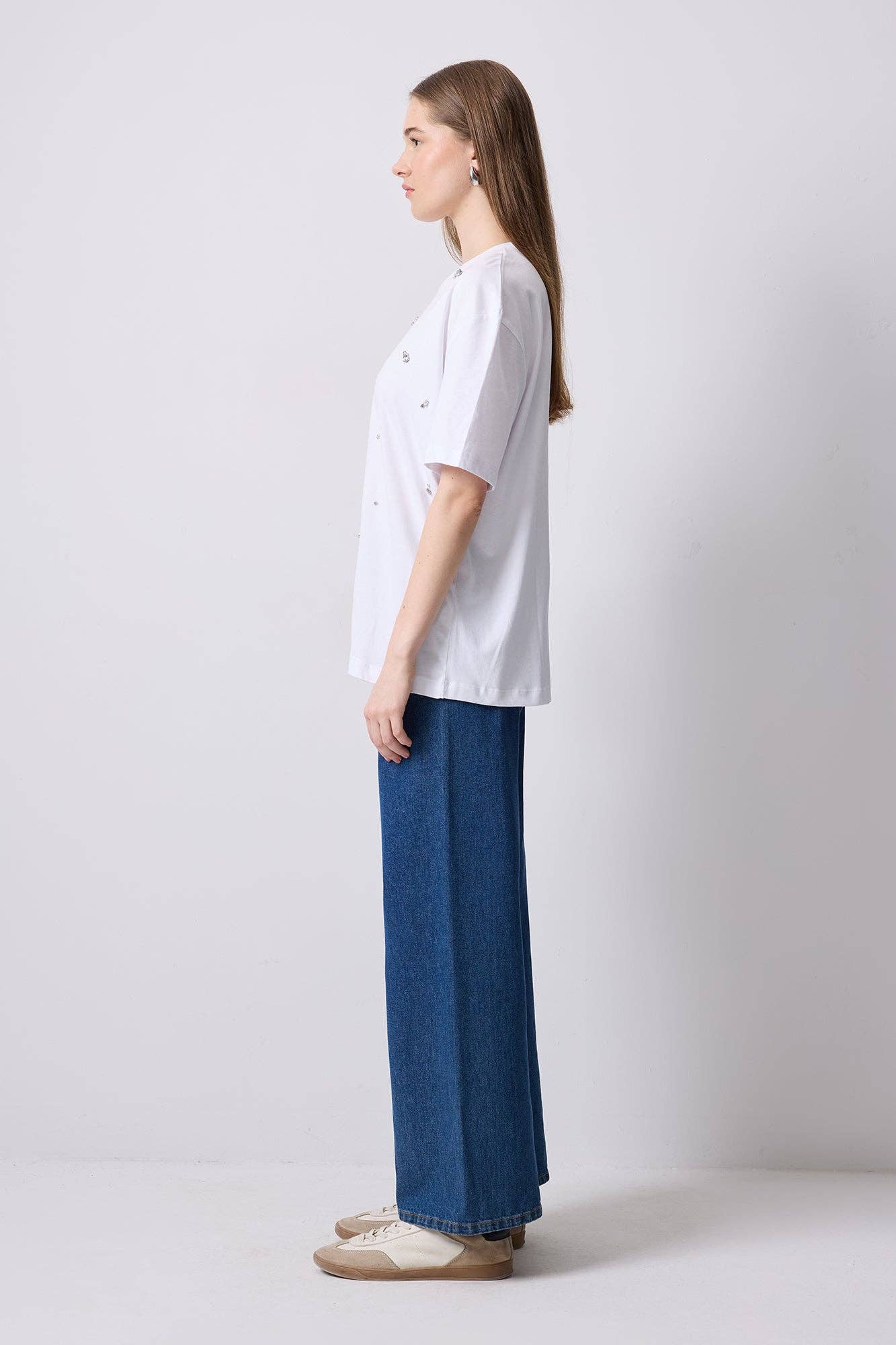 Jewelled Oversized Cotton Tee- White