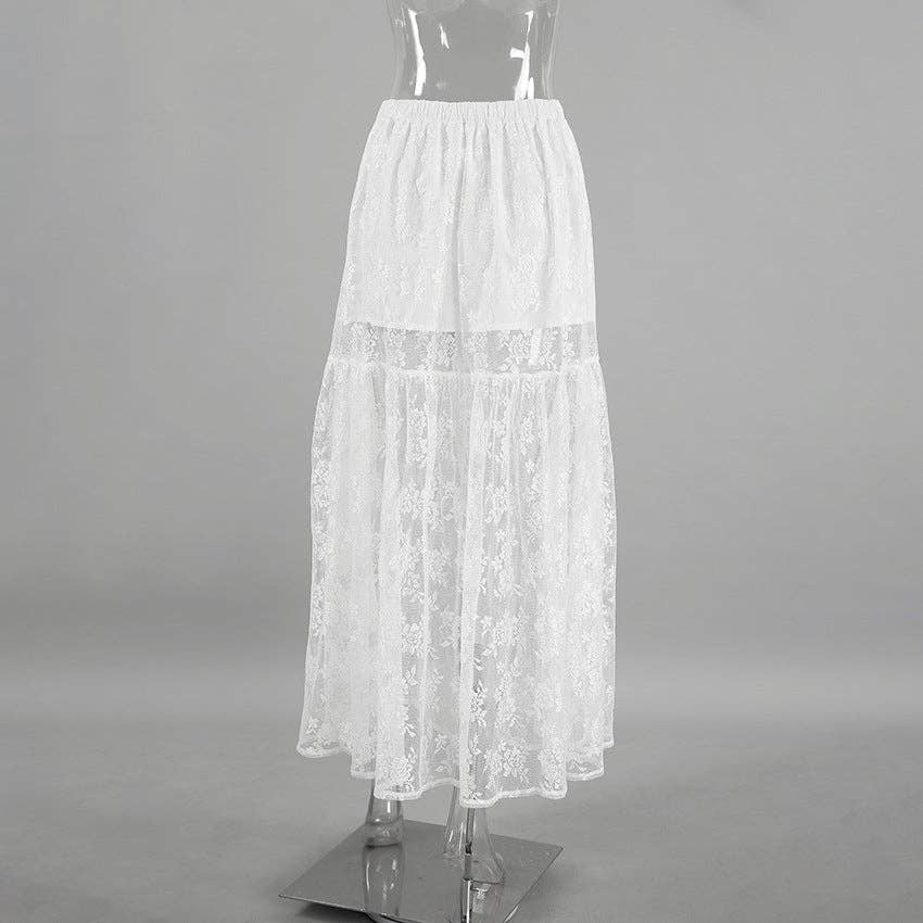 Lace Detail A-Line Midi Skirt - Black