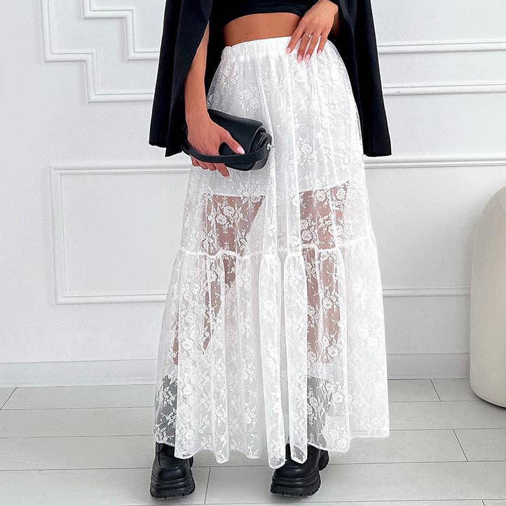 Lace Detail A-Line Midi Skirt - White
