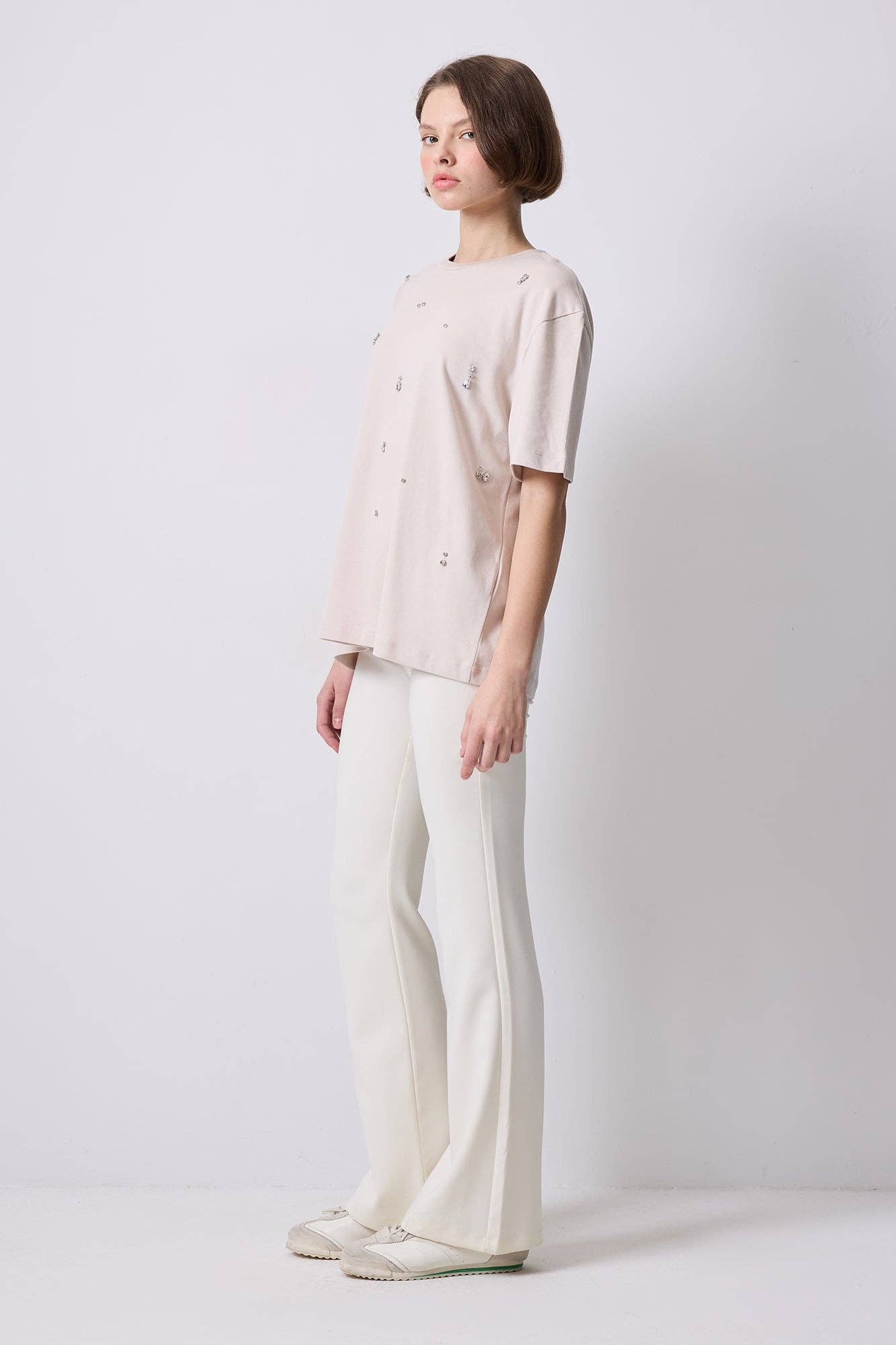 Jewelled Oversized Cotton Tee- Stone