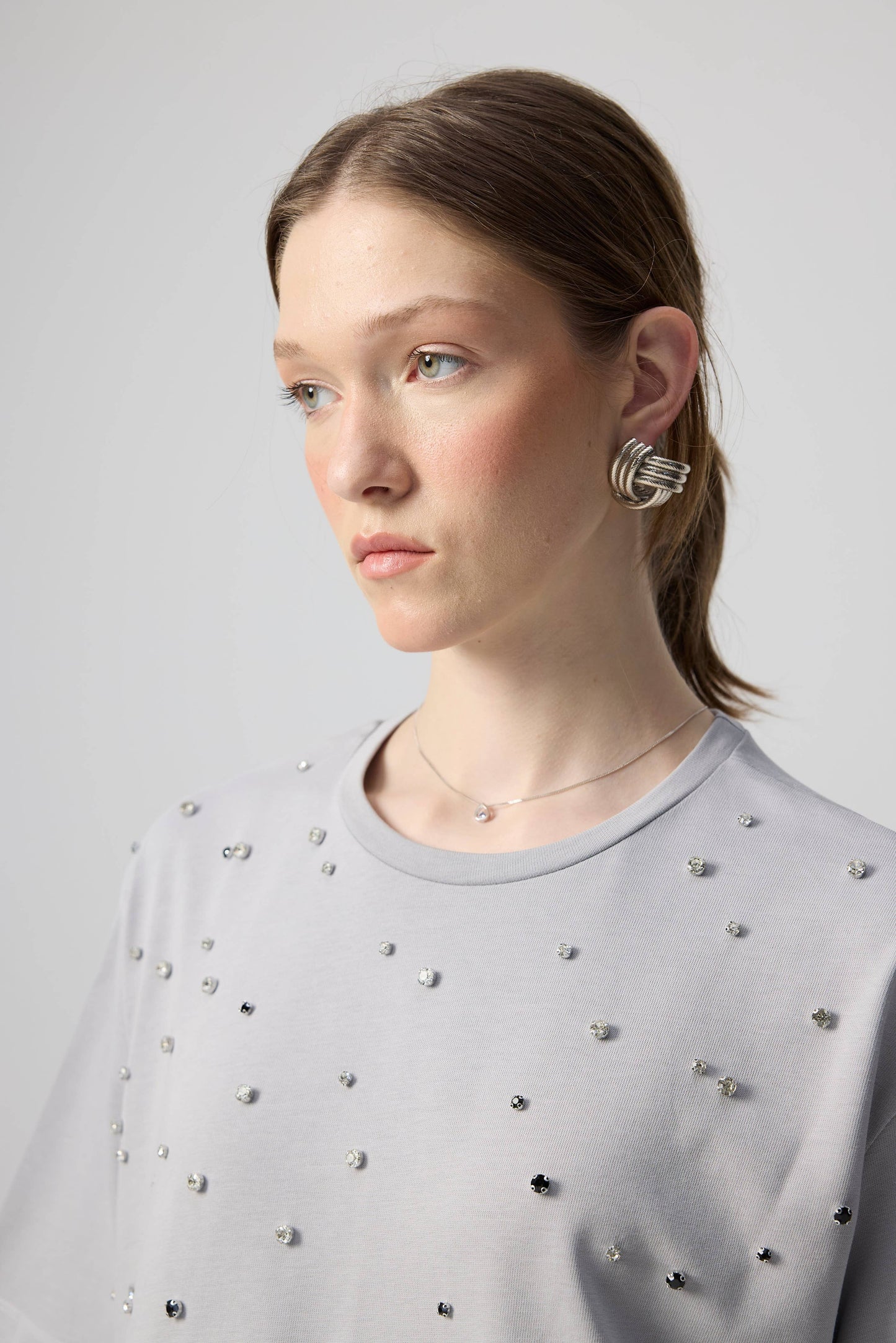 Jewelled Oversized Cotton Tee- Light Grey