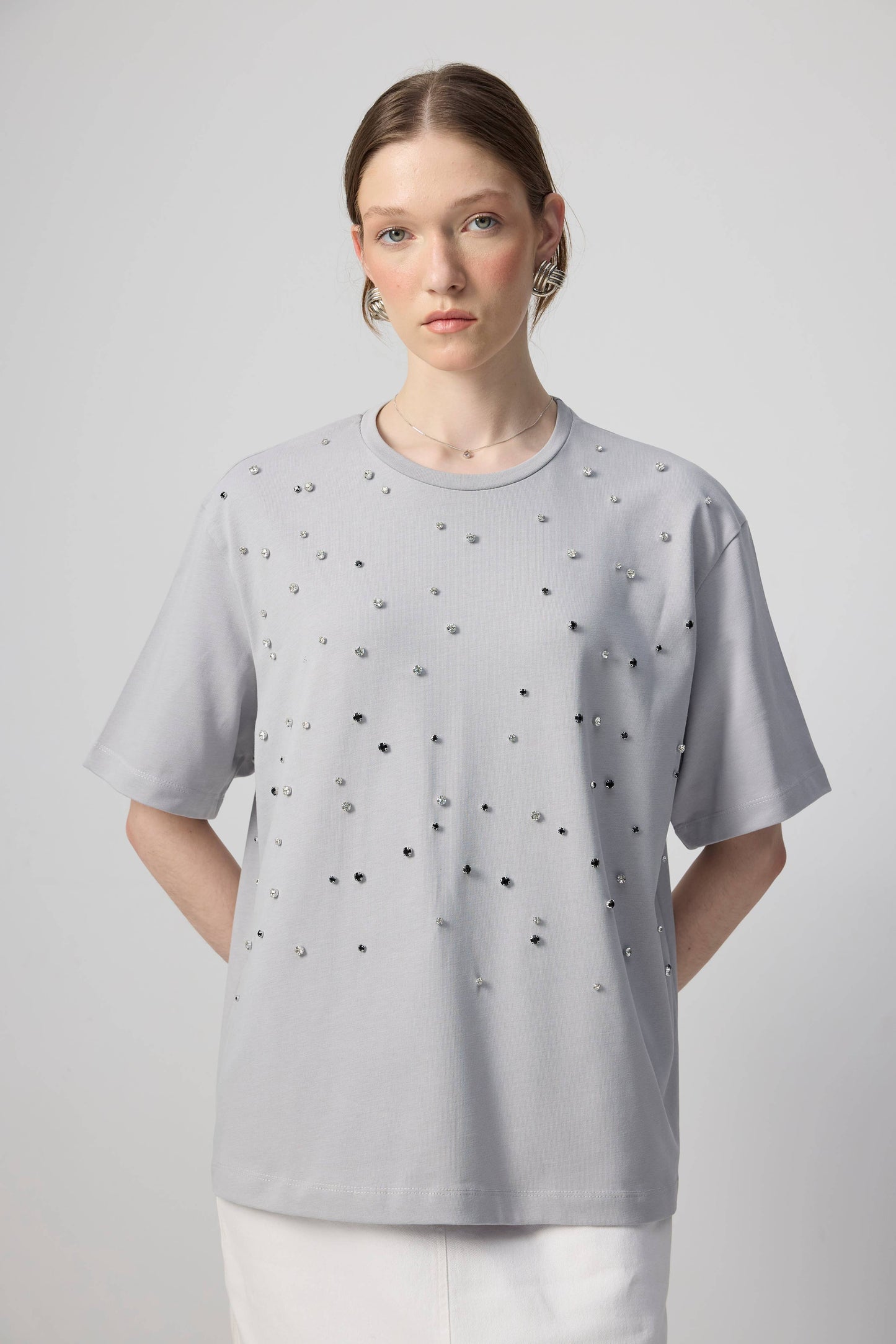Jewelled Oversized Cotton Tee- Light Grey