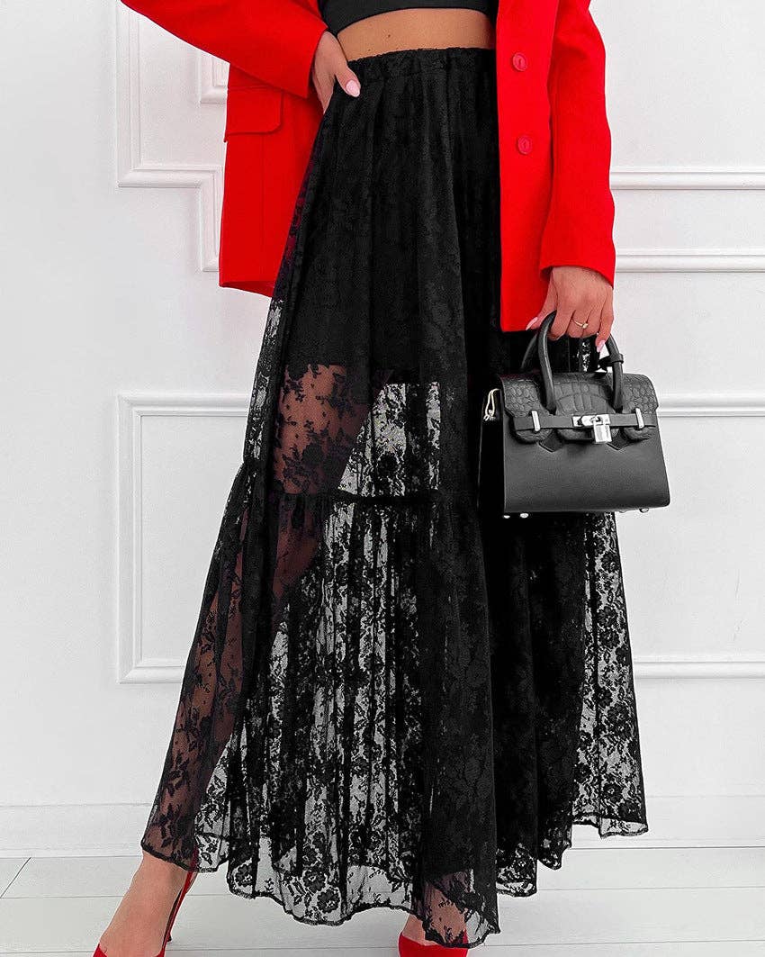 Lace Detail A-Line Midi Skirt - Black
