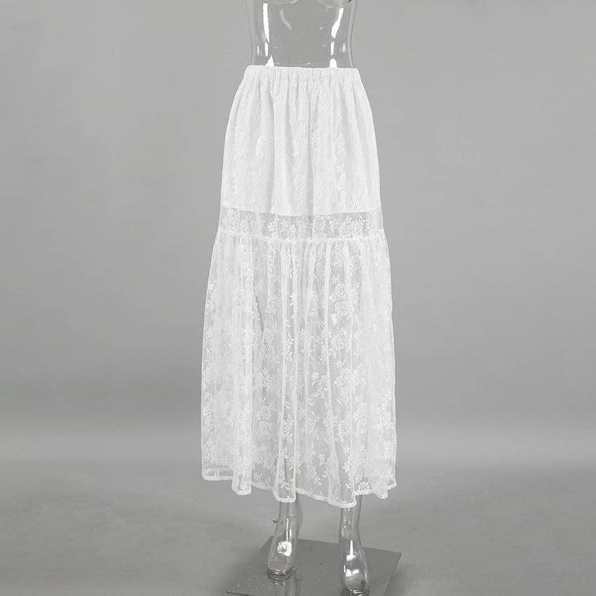 Lace Detail A-Line Midi Skirt - White