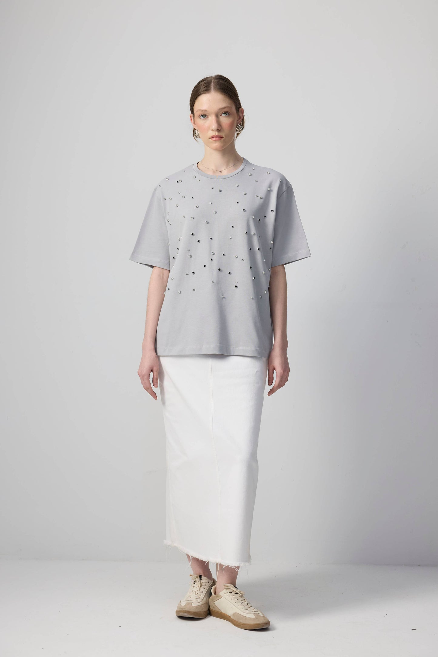 Jewelled Oversized Cotton Tee- Light Grey