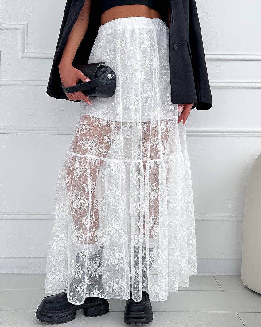 Lace Detail A-Line Midi Skirt - Black