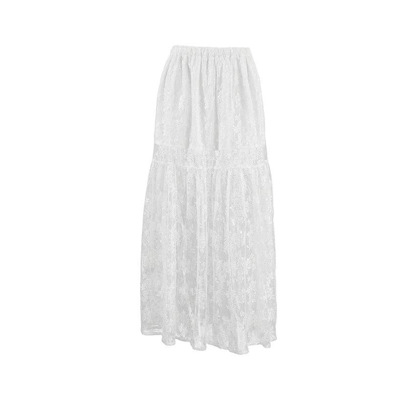 Lace Detail A-Line Midi Skirt - White