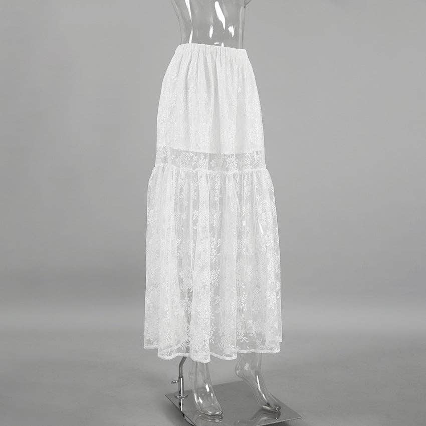 Lace Detail A-Line Midi Skirt - White