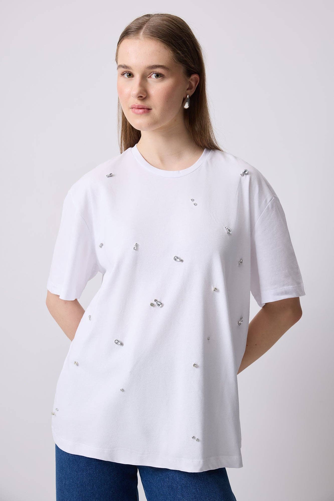 Jewelled Oversized Cotton Tee- White