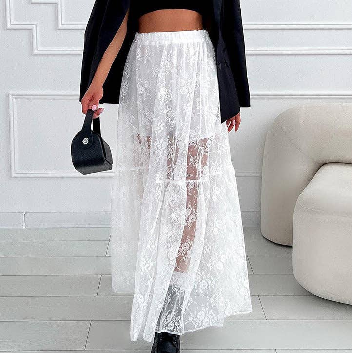 Lace Detail A-Line Midi Skirt - Black