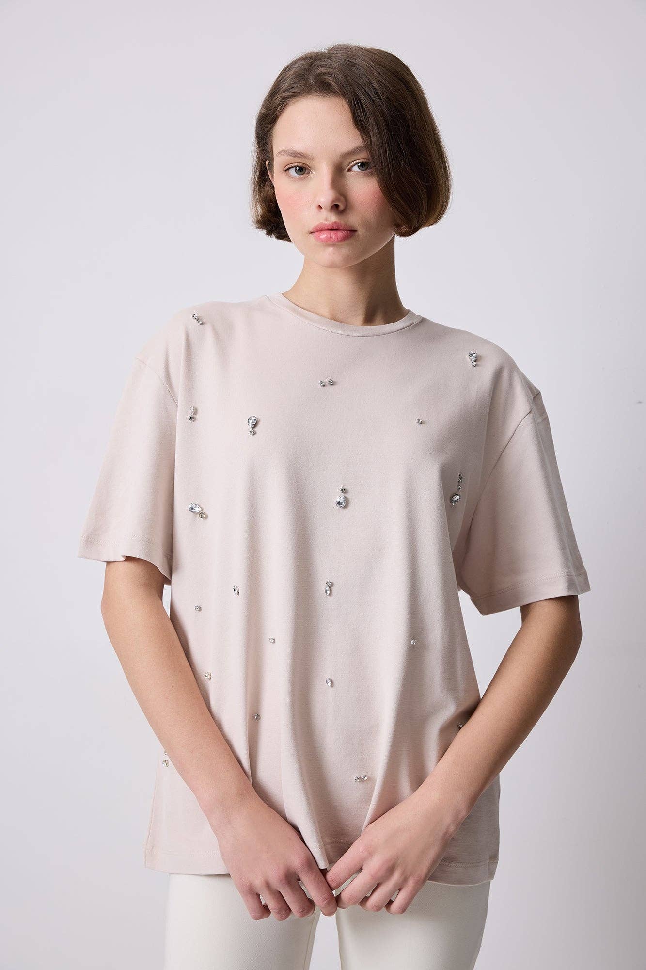 Jewelled Oversized Cotton Tee- Stone