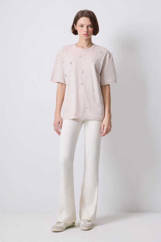 Jewelled Oversized Cotton Tee- Stone