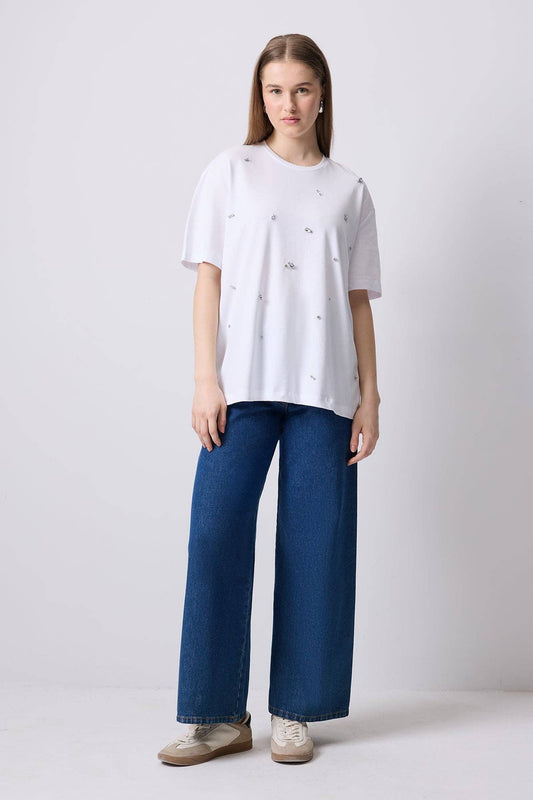 Jewelled Oversized Cotton Tee- White