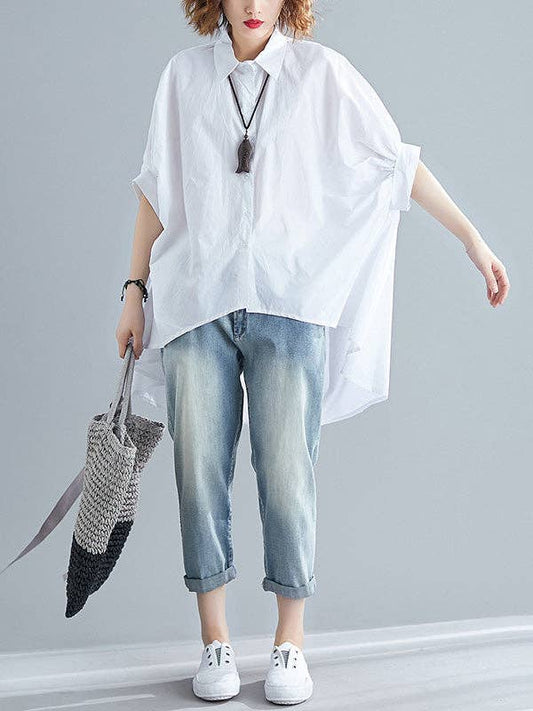 Cotton Oversize Batwing Sleeve Shirt -Classic White