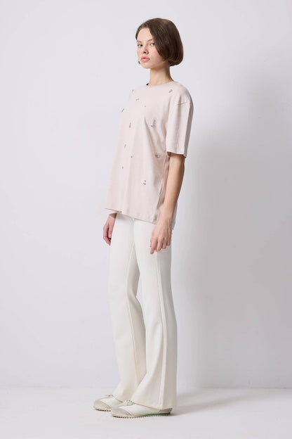 Jewelled Oversized Cotton Tee- Stone