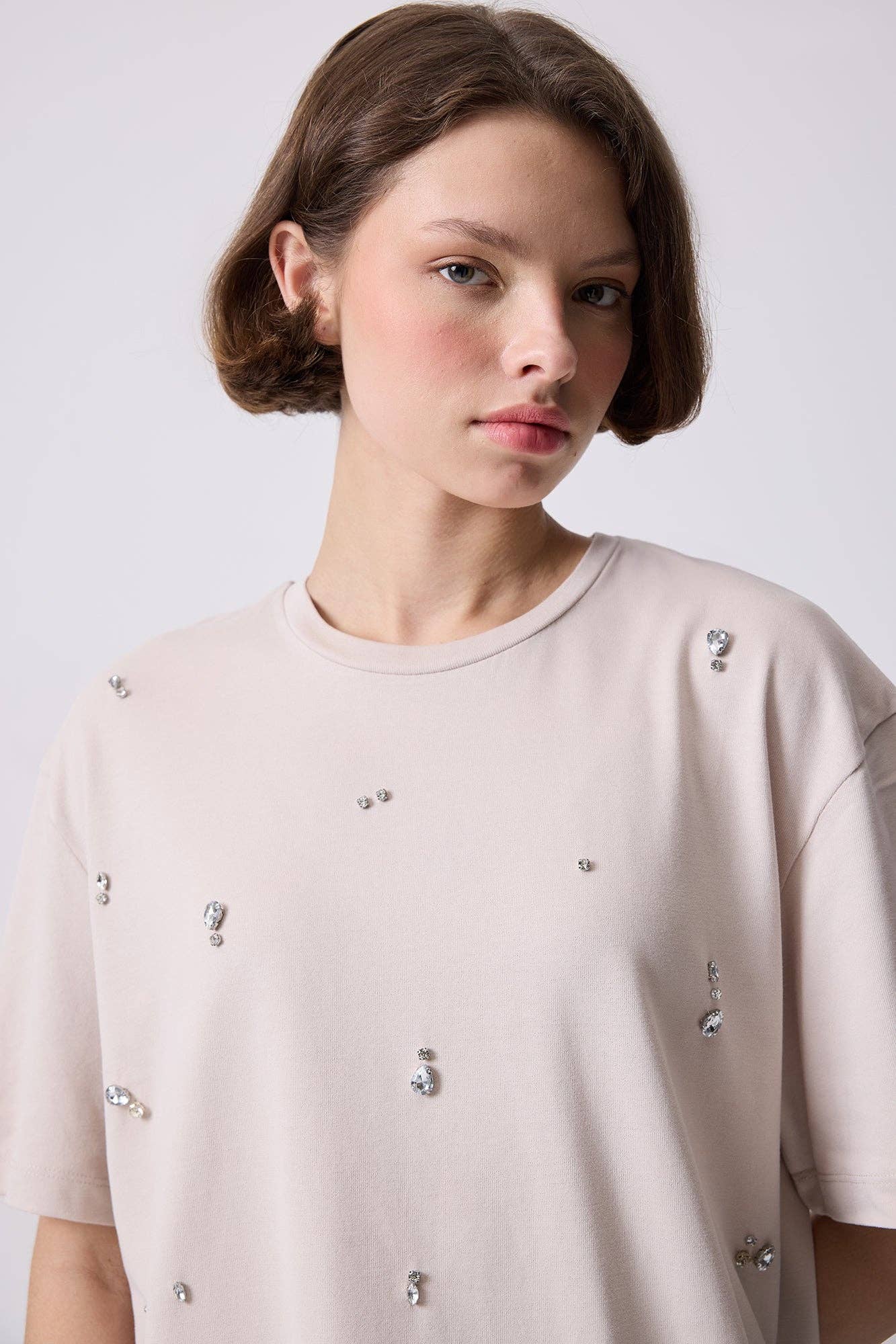 Jewelled Oversized Cotton Tee- Stone