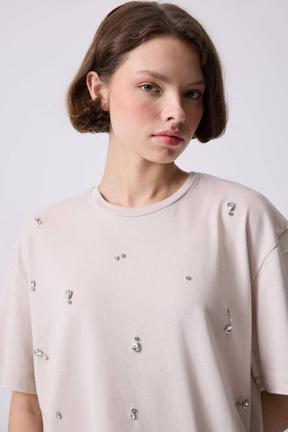 Jewelled Oversized Cotton Tee- Stone
