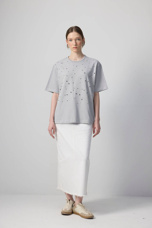 Jewelled Oversized Cotton Tee- Light Grey