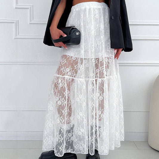 Lace Detail A-Line Midi Skirt - White