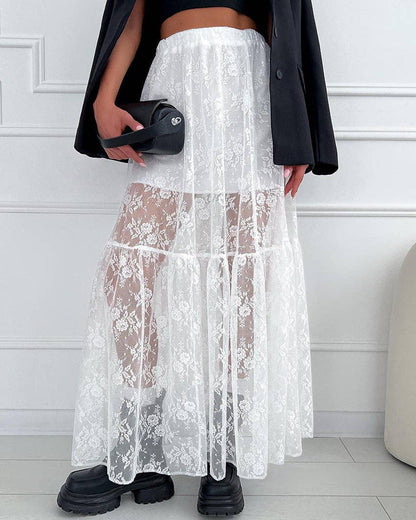 Lace Detail A-Line Midi Skirt - Black