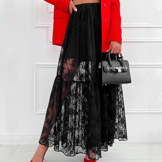 Lace Detail A-Line Midi Skirt - Black