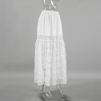 Lace Detail A-Line Midi Skirt - White